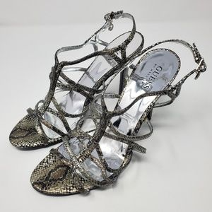 GUESS by Marciano Snakeskin Silver Strappy Heels